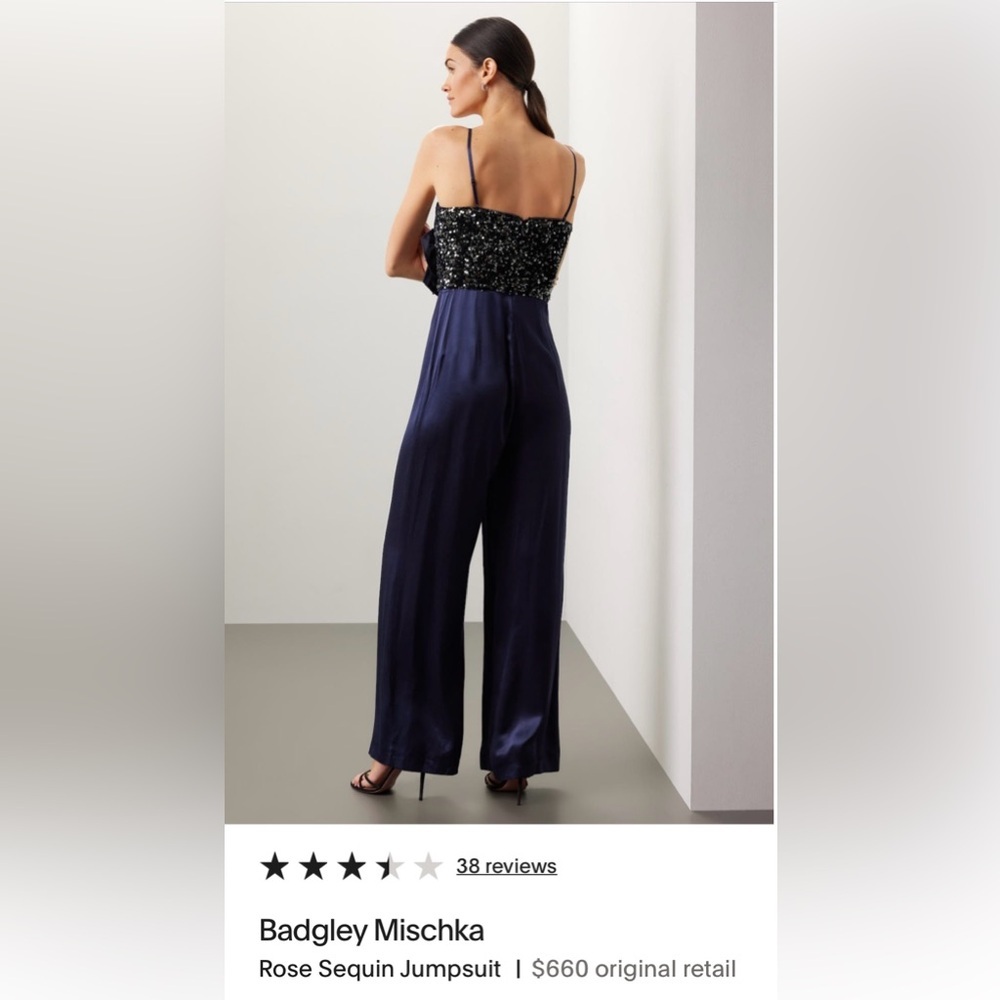Badgley Mischka navy Blue Wide Leg Sequin Jumpsuit EUC Sz 6 - Picture 3 of 5
